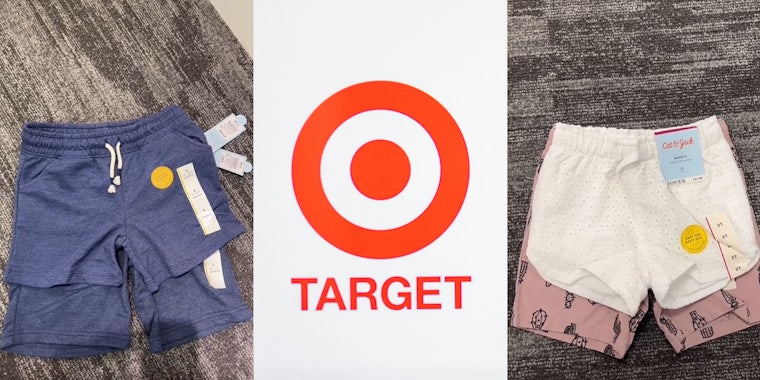 Girl shorts on top of boy shorts showing length and pocket differences (l) Target logo (c) Girl shorts over boy shorts again showing differences in quality (r)
