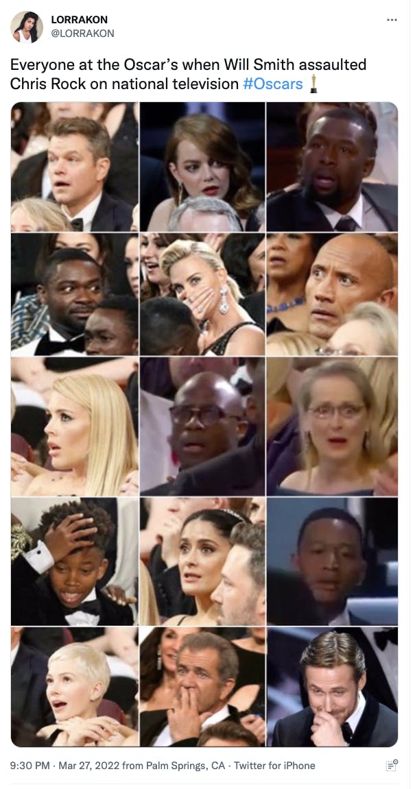 collage of celebrities looking shocked at the oscars