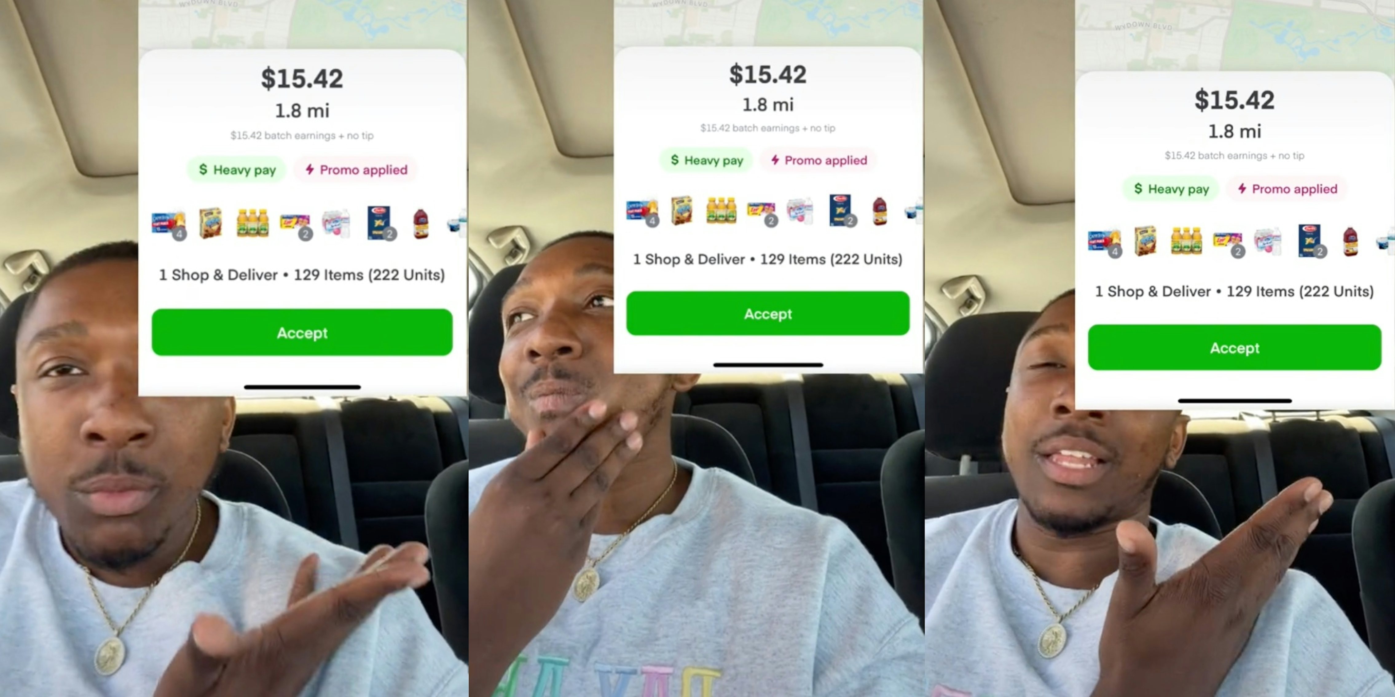Instacart order overlaid on video of a man in a car
