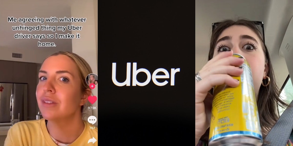 Woman tiktok caption 'Me agreeing with whatever unhinged thing my Uber driver says so I make it home.' (l) Uber logo on black background (c) Female drinking in car shocked expression (r)