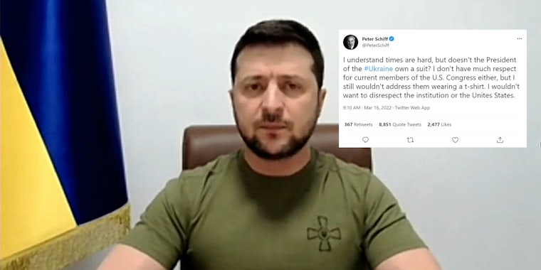 Ukrainian President Zelenskyy addresses US Congress with Peter Schiff tweet 'I understand times are hard, but doesn't the President of the #Ukraine own a suit? I don't have much respect for current members of U.S. Congress either, but I still wouldn't address them wearing a t-shirt. I wouldn't want to disrespect the institution or the Unites States.'
