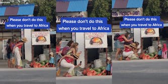 看着两个非洲儿童标题的小组女游客“请不要这样做，当你前往非洲（l）小组女性游客蹲下来拍摄非洲儿童标题”请在旅行到非洲时不要这样做“（c）小组女性游客拍摄两名非洲儿童标题的照片“请当您前往非洲时不要这样做”（r）