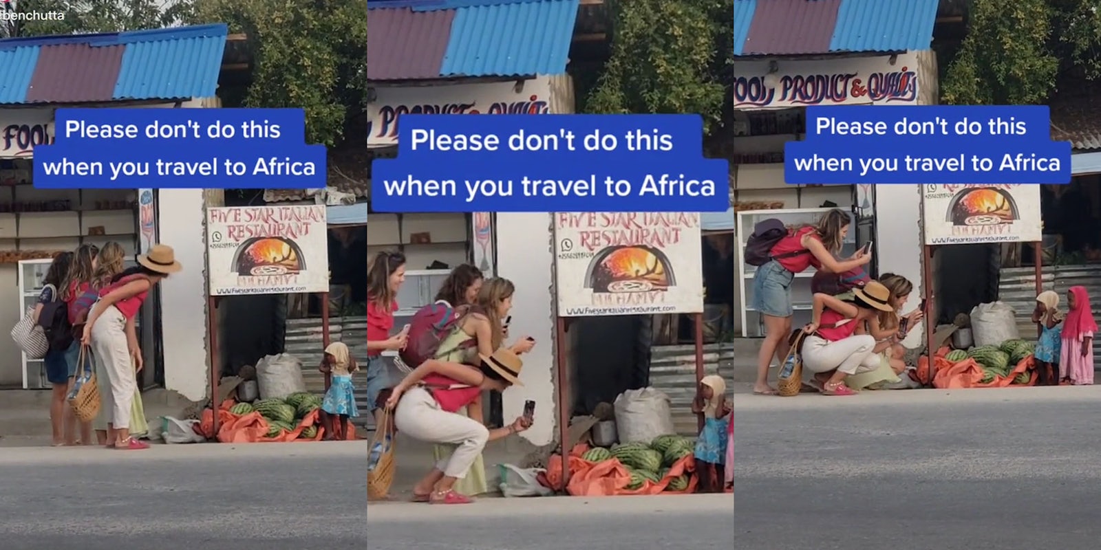 group of female tourists looking at two African children caption ' Please don't do this when you travel to Africa (l) group of female tourists squatting down to photograph the African children caption ' Please don't do this when you travel to Africa' (c) group female tourists taking photos of two African children caption ' Please don't do this when you travel to Africa' (r)