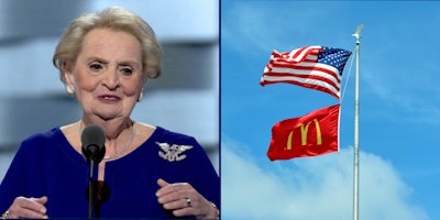 State Madeleine Albright (l) McDonald's and american flag with sky (r)