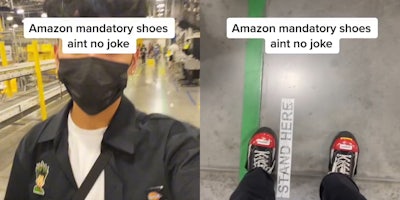 Amazon worker in warehouse (l) shoes (r) both with caption 'Amazon mandatory shoes aint no joke'