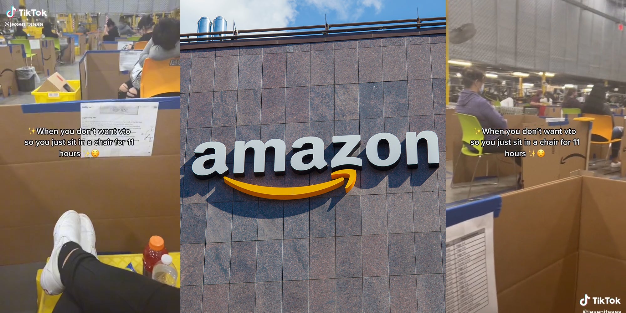 person with feet up in cardboard cubicle with caption 'When you don't want to vto so you just sit in a chair for 11 hours' (l&r) amazon sign (c)