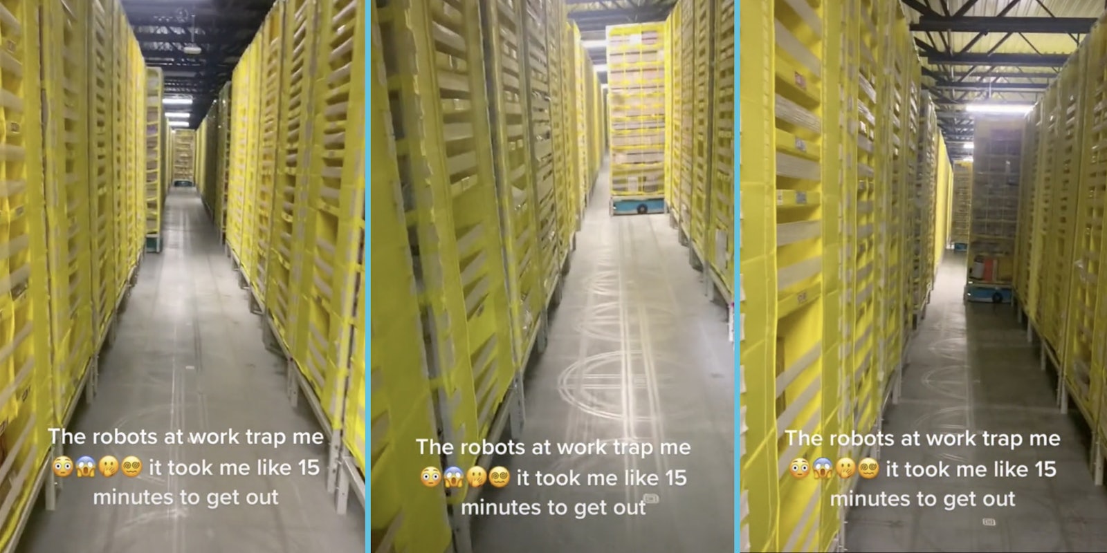 'The robots at work trap me [emojis] it took me 15 minutes to get out' featuring Amazon robot pod shelves