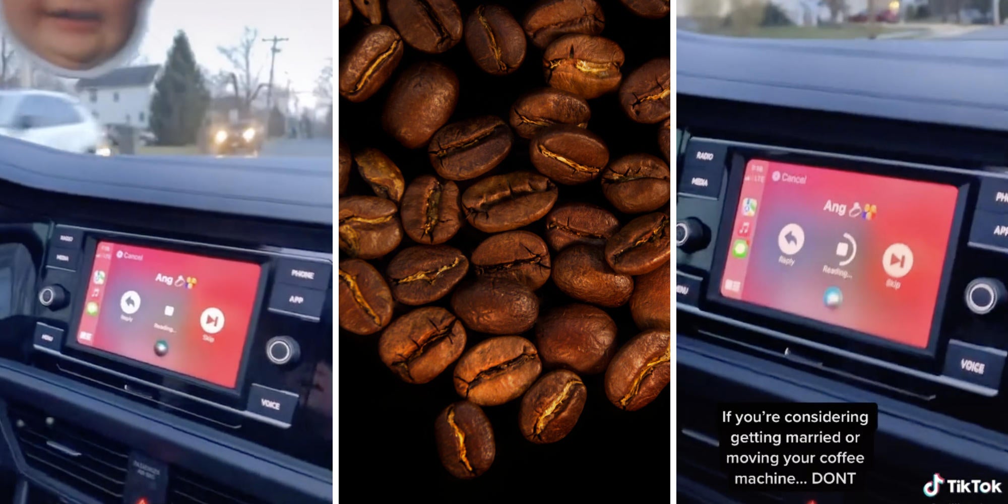 smartphone playing text in car (l) (r) coffee beans (m)
