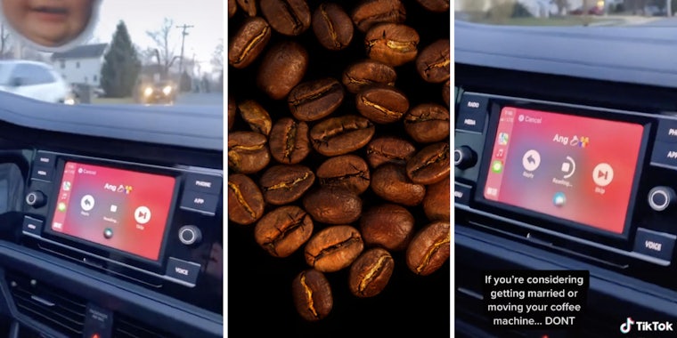 smartphone playing text in car (l) (r) coffee beans (m)