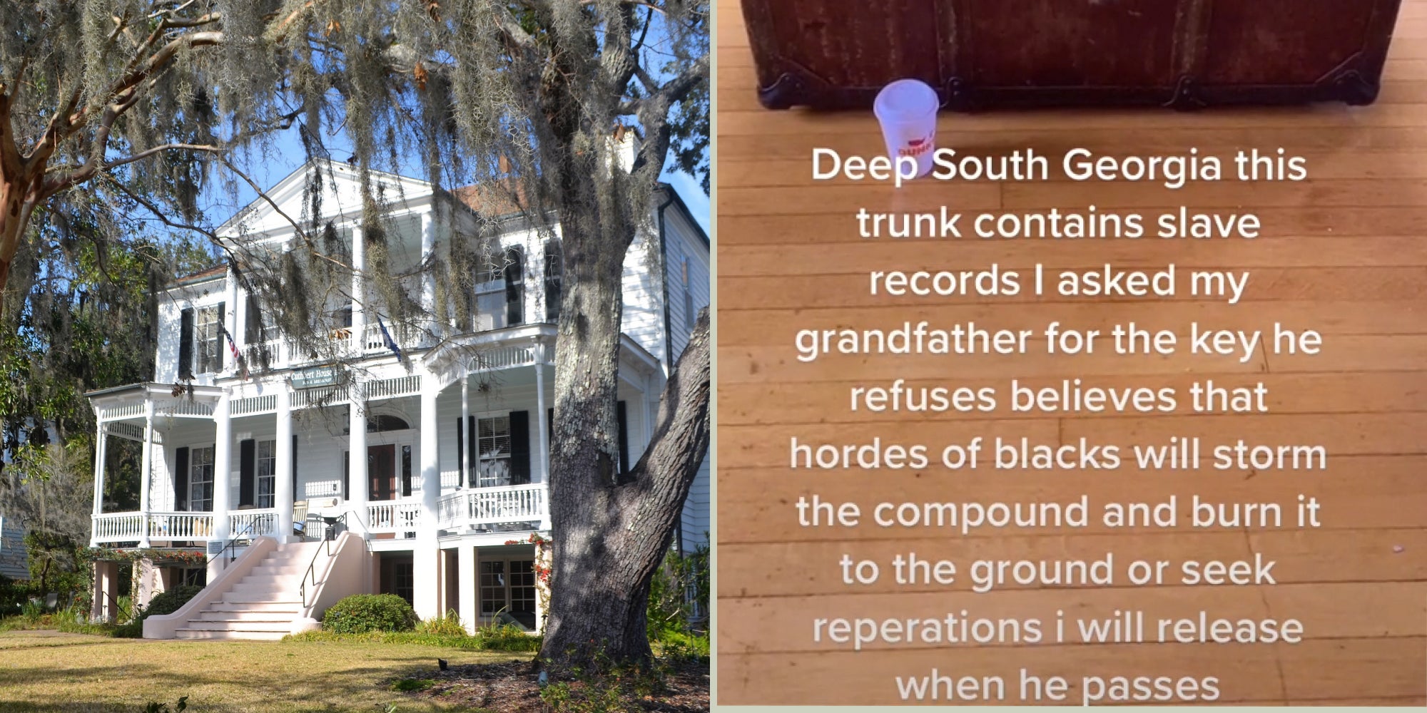 Southern home (l) vintage trunk with caption 'Deep South Georgia this trunk contains slave records I asked my grandfather for the key he refuses he believes that hordes of blacks will storm the compound and burn it to the ground or seek reoperations i will release when he passes' (r)