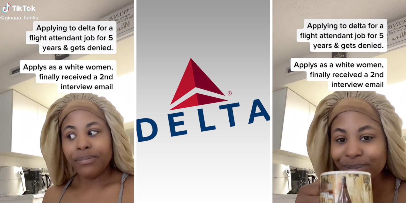 black woman looking cautious (l) delta airlines logo (m) black woman sipping tea (r)