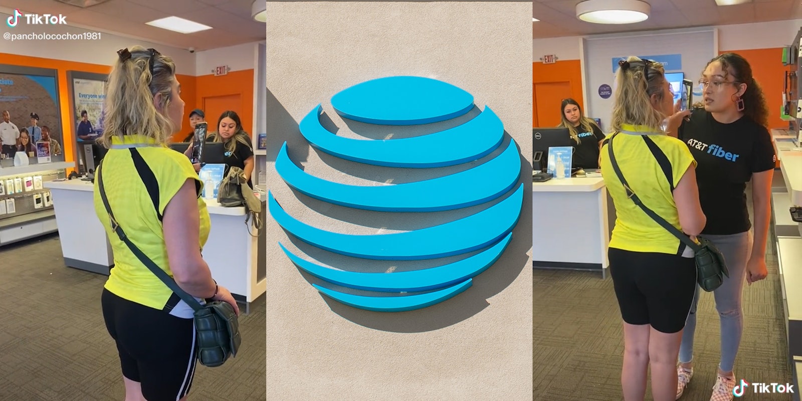woman in AT&T store putting phone in the face of an employee