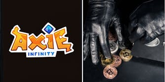 Ronin's Axie Infinity logo (l) Hands with gloves stealing bitcoins (r)