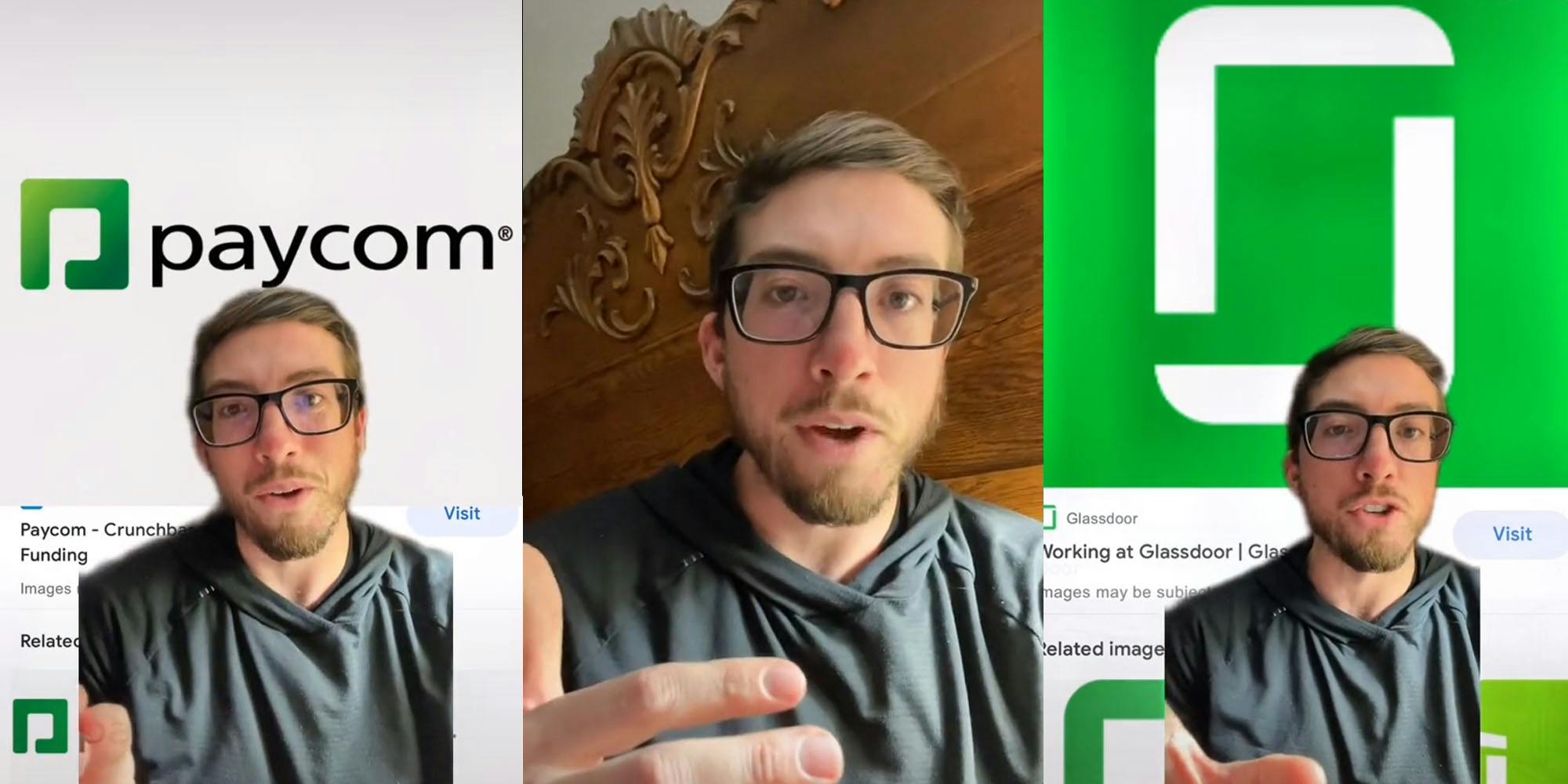 Man with glasses in greenscreen tiktok video with paycom logo (l) Man with glasses hand up talking (c) Man with glasses in greenscreen tiktok video with glassdoor logo (r)