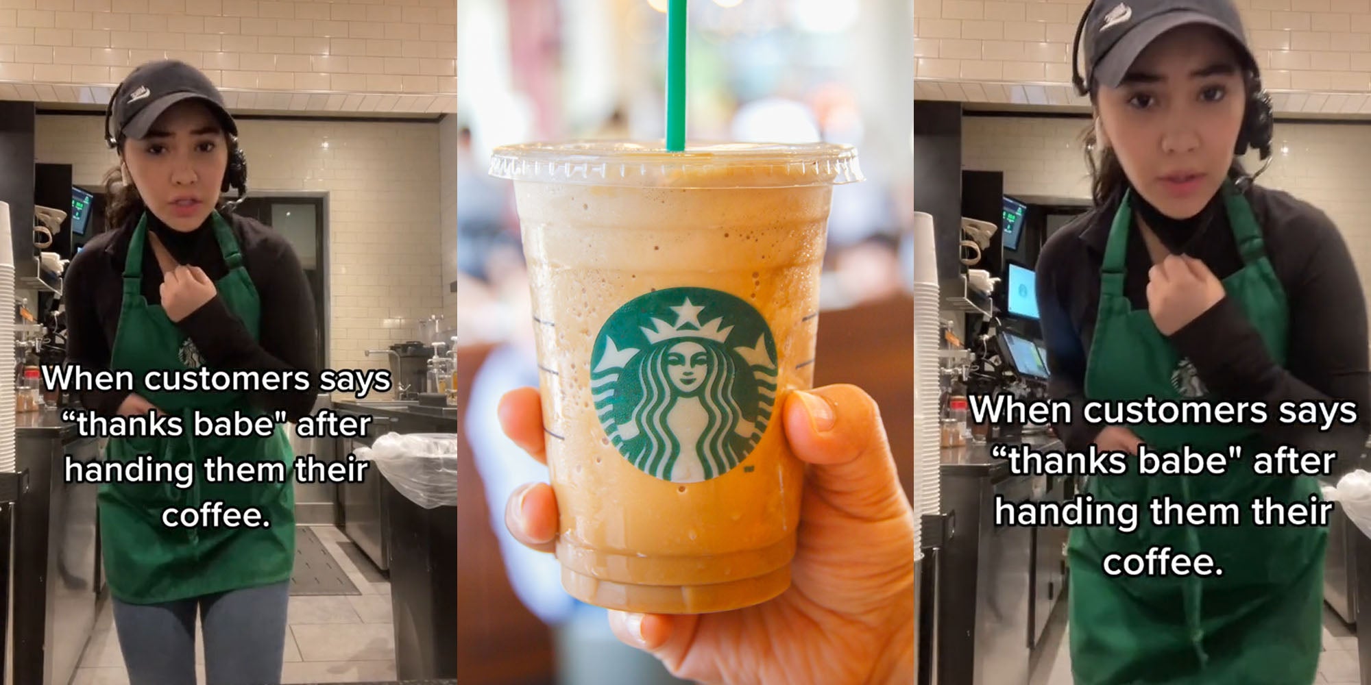 Starbucks barista caption ' When customers says 'thanks babe' after handing them their coffee.' (l) Starbucks shutterstock photo (c) Starbucks barista caption ' When customers says 'thanks babe' after handing them their coffee.' (r)
