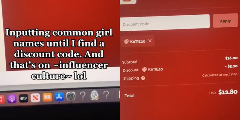 Browser screen with caption "inputting common girl names until I find a discount code. And that's on influencer culture lol" (l) Discount code KATIE20 applied to order (r)