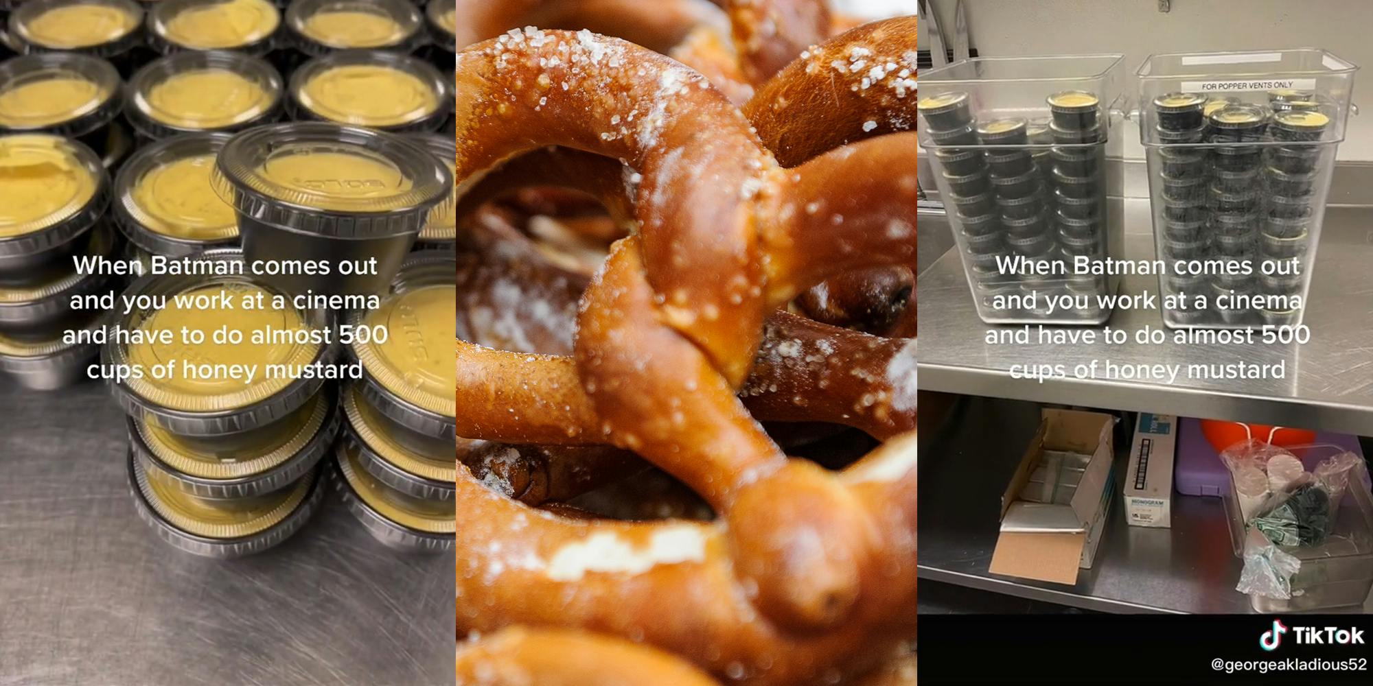 cups of honey mustard with caption "When Batman comes out and you work at a cinema and have to do almost 500 cups of honey mustard" (l&r) pretzels (c)