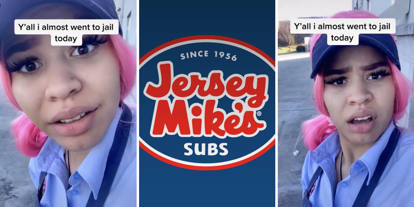 woman in a hat looking shocked (l) (r) jersey mike's logo (m)