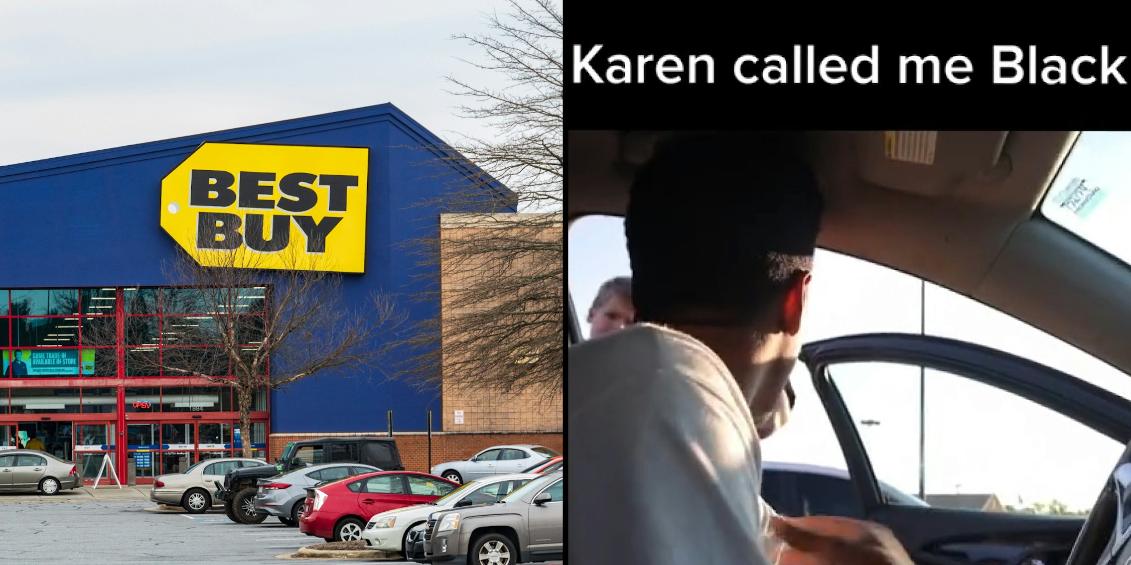 Best Buy parking lot (l) Man in car with door open woman's face next to open car door caption 'Karen called me Black' (r)