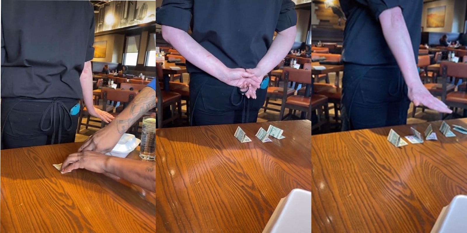 Waitress turned around arms out excited while customer arranges tip (l) Waitress turned around hands behind her back money behind her on table (c) Waitress blindly selecting tip reaching hand towards money (r)