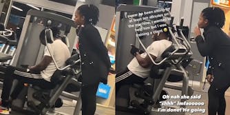 young woman looking over a man's shoulder in the gym while he uses his phone with caption 