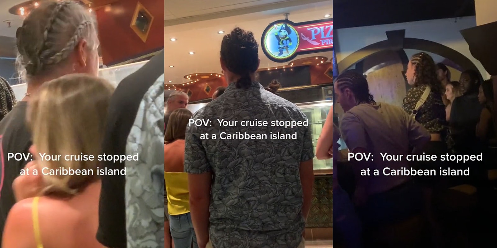 White man with gray hair and braids in group of people caption 'POV: Your cruise stopped at a Caribbean island' (l) White man with dark hair and hair braided with couple in front of him caption 'POV: Your cruise stopped at a Caribbean island' (c) White man with dark hair and white woman next to him at bar with braids and people staring at them caption 'POV: Your cruise stopped at a Caribbean island' (r)