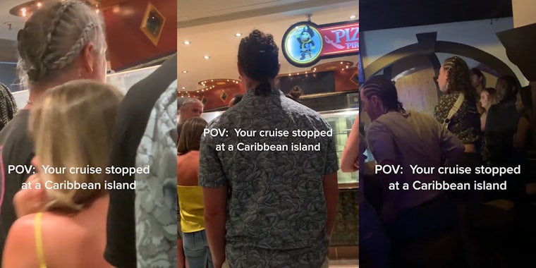 White man with gray hair and braids in group of people caption 'POV: Your cruise stopped at a Caribbean island' (l) White man with dark hair and hair braided with couple in front of him caption 'POV: Your cruise stopped at a Caribbean island' (c) White man with dark hair and white woman next to him at bar with braids and people staring at them caption 'POV: Your cruise stopped at a Caribbean island' (r)