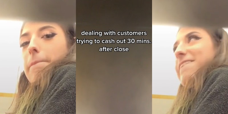 Female worker sour expression (l) caption 'dealing with customers trying to cash out 30 mins. after close' (c) Female worker annoyed expression (r)