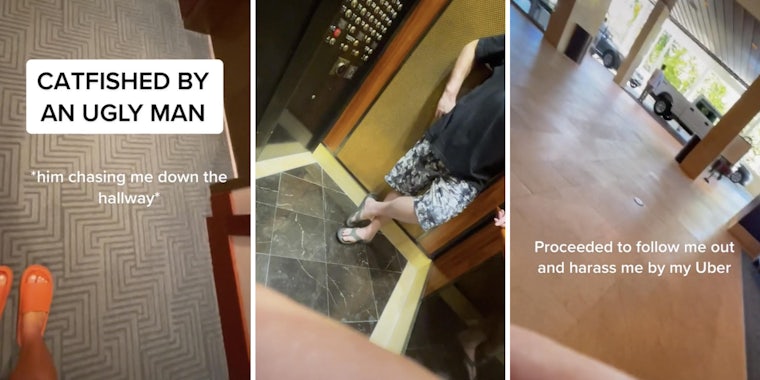 woman standing in hotel (l) man catfishing woman in elevator (m) woman leaving hotel (r)