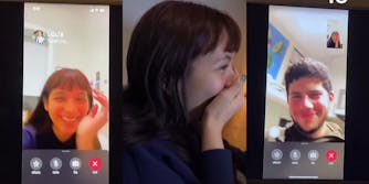 woman on facetime (l) woman covering mouth (c) man on facetime (r)