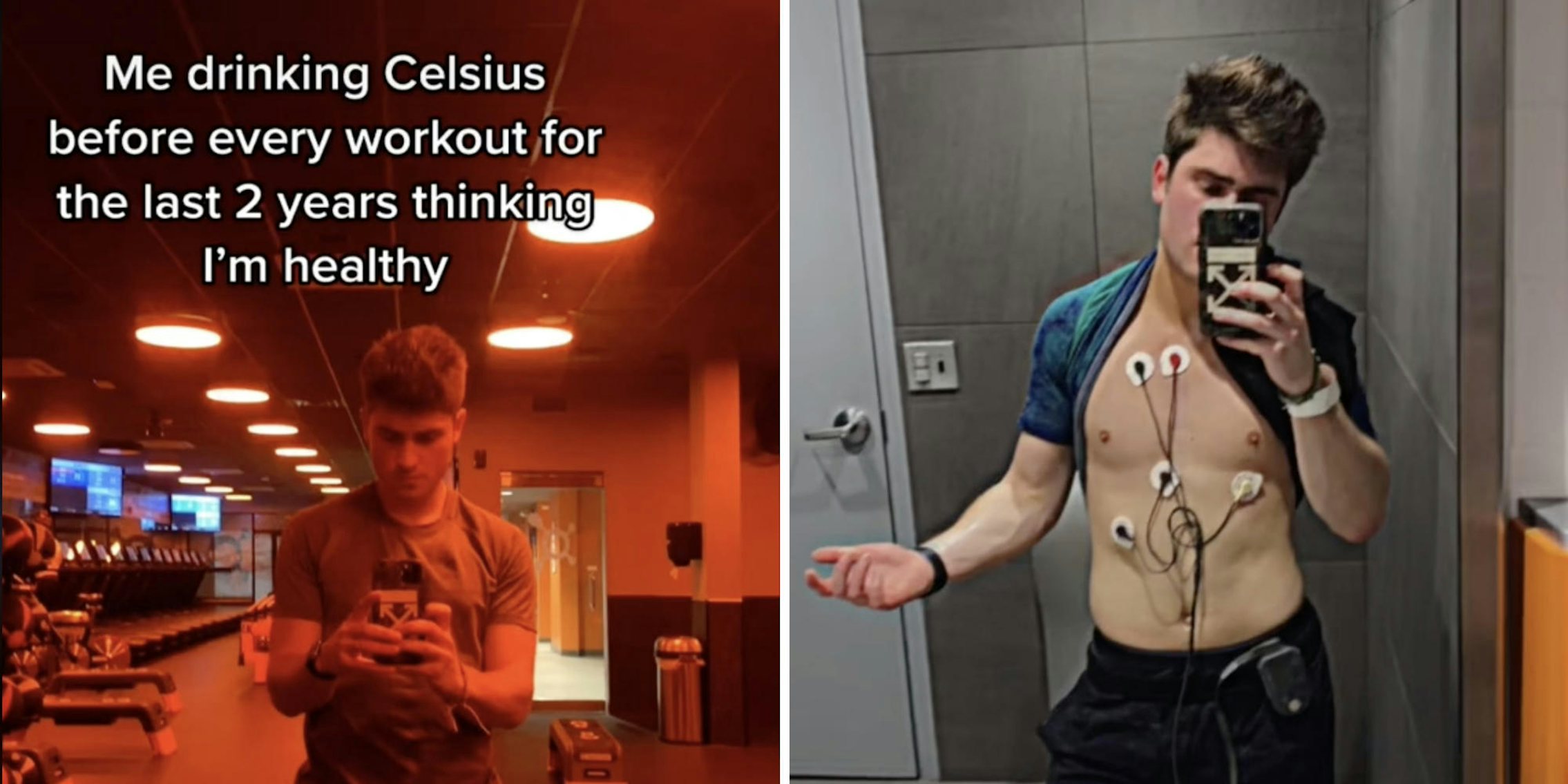 selfie of a man in the gym (l) selfie of the same man in a hospital bathroom (r)