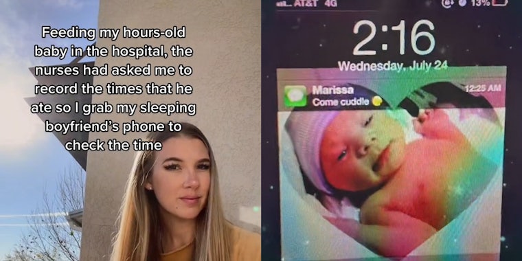 woman with caption 'feeding my hours-old baby in the hospital, the nurses had asked me to record the times that he ate so I grab my sleeping boyfriend's phone to check the time' (l) screenshot of phone with newborn baby and text message preview that reads 'Marissa - Come cuddle' (r)
