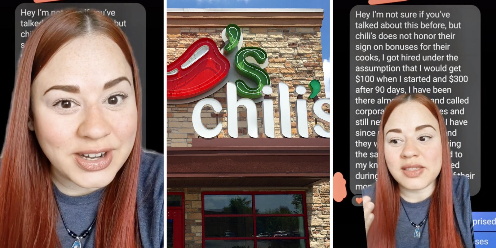 woman explaining a conversation she had (l) (r) chilis store (m)