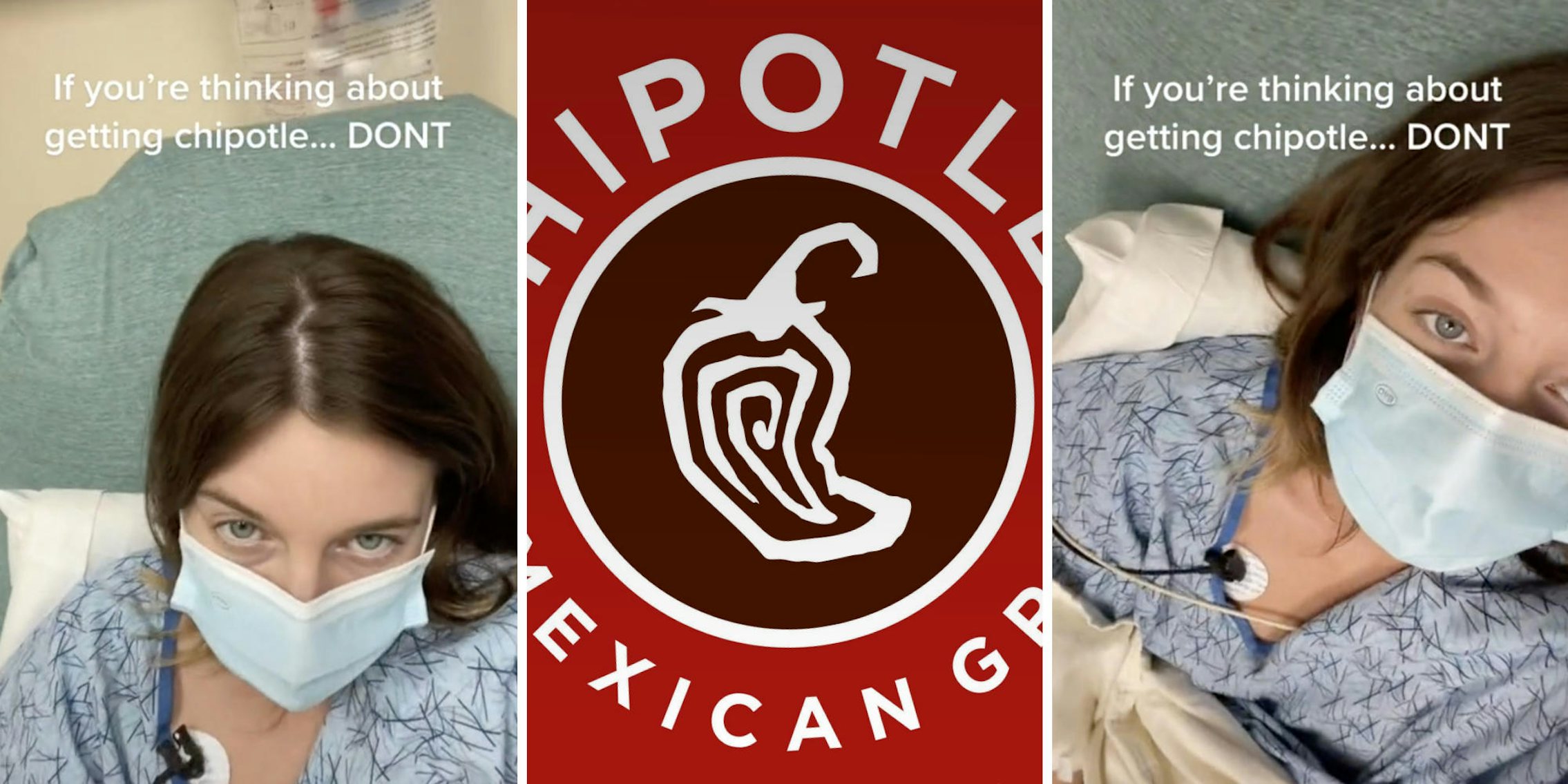 woman laying in hospital bed (l) (r) chipotle logo (m)