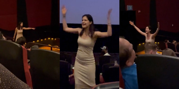 woman pointing finger towards audience (l) Woman in front of screen hands up (c) Woman hands up scream singing at seated crowd (r)