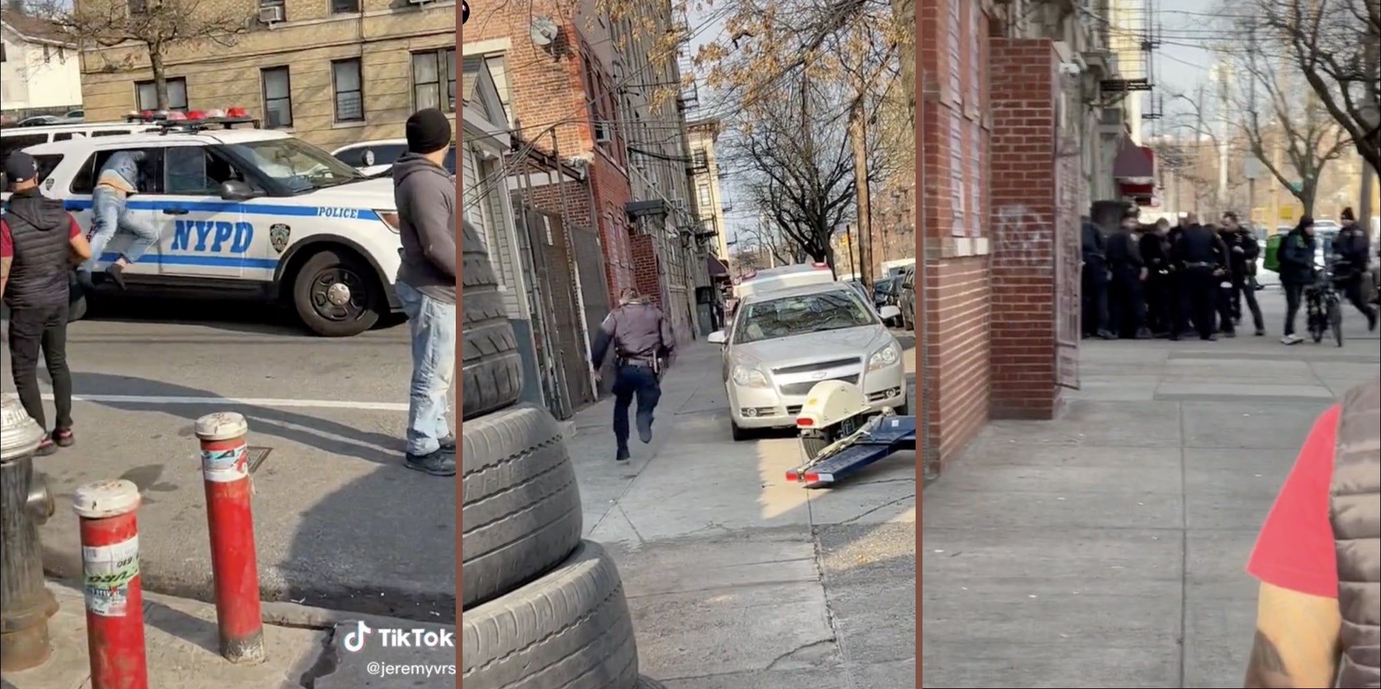 Suspect escaping cop car (L), Cop running after suspect (M), Cops swarming suspect (R)