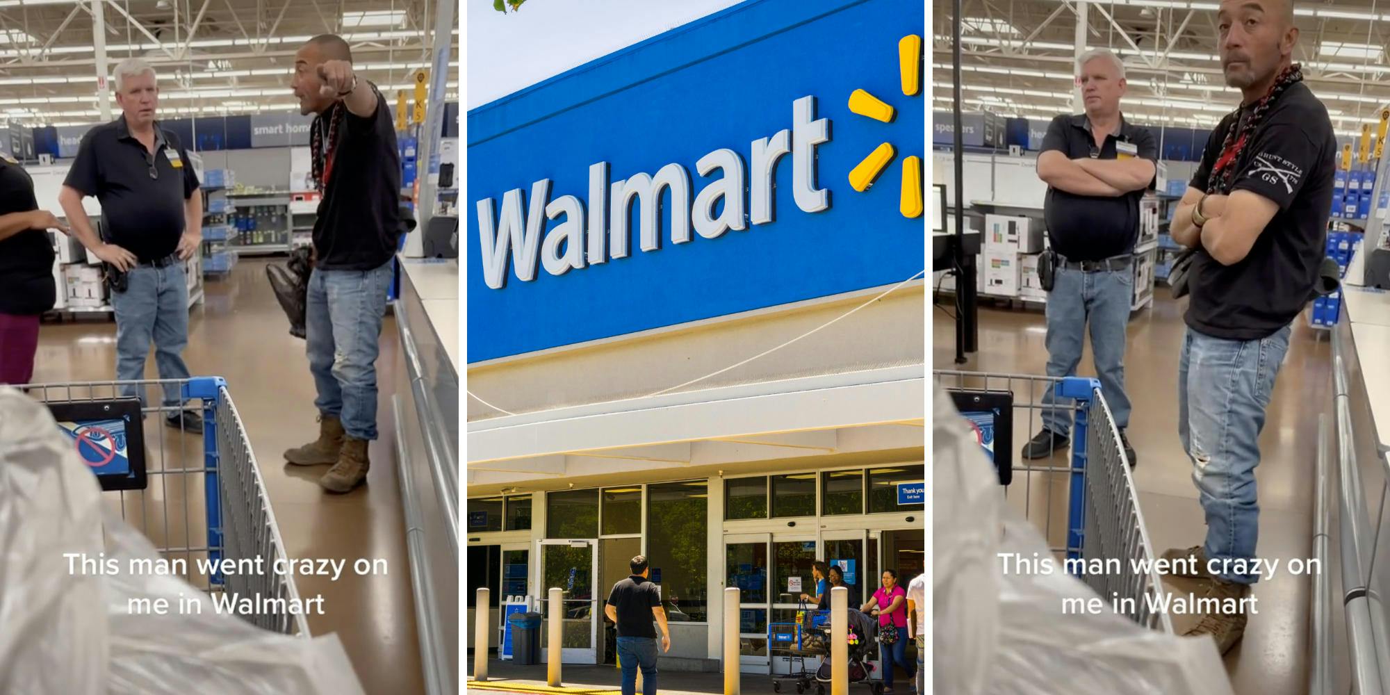 man in walmart store yelling (l) walmart store front (m) man with folded arms (r)