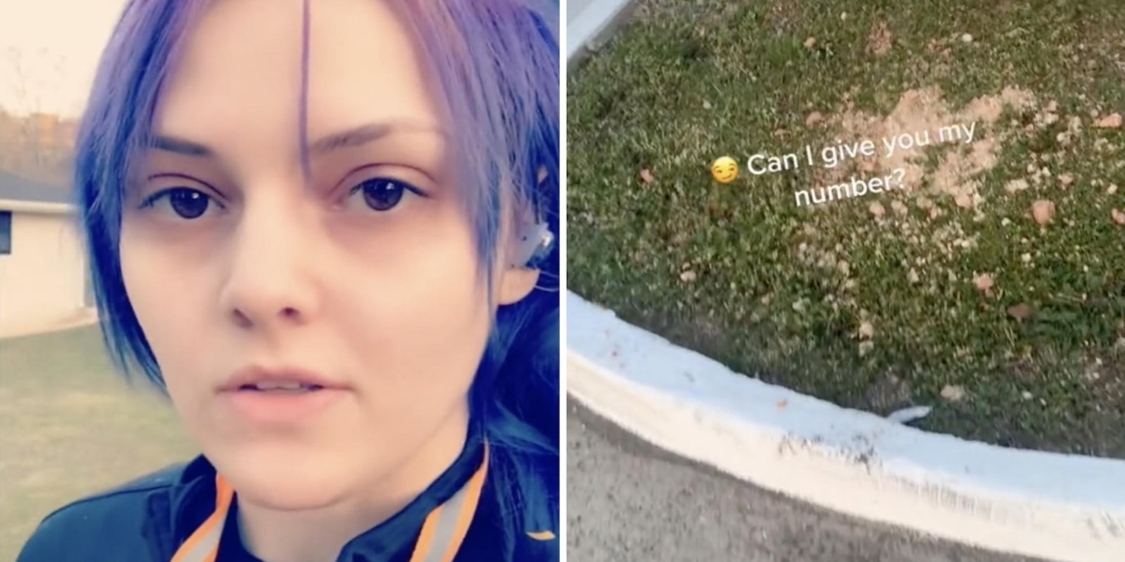 woman looking into camera (l) grass with creeper dialogue (r)