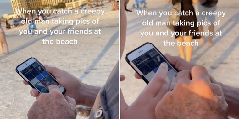 old man looking at phone (l) woman scrolling through phone's photos (r)
