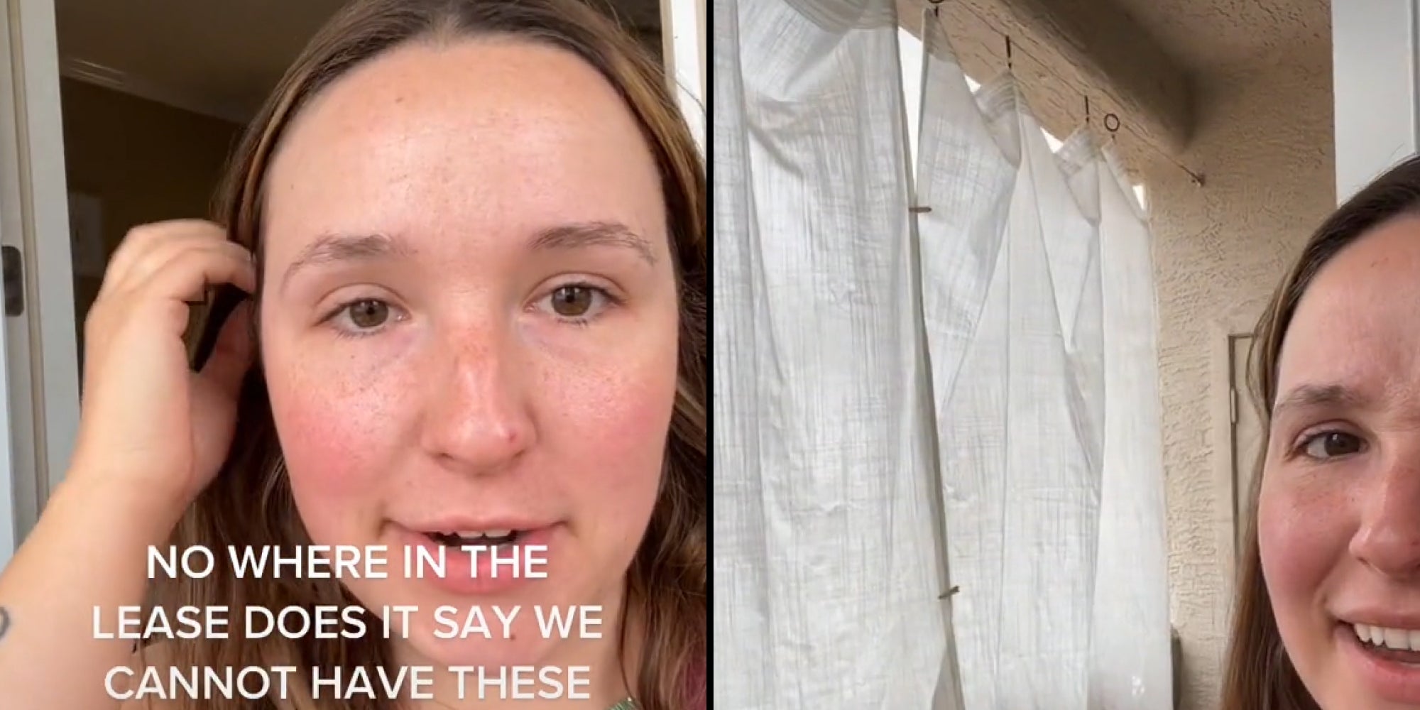 Woman brushing hair behind ear caption 'NO WHERE IN THE LEASE DOES IT SAY WE CANNOT HAVE THESE' (l) Woman with curtains behind her (r)
