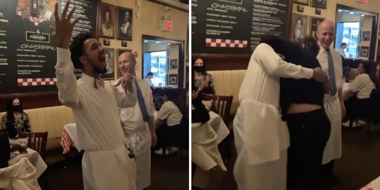 man singing at restaurant (l) woman forcing man into an embrace (r)