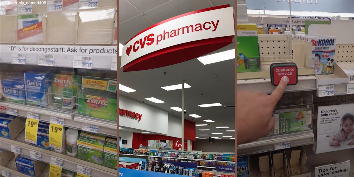 Allergy medication behind a locked display (L), CVS Pharmacy (M), Pushing customer service button (R)