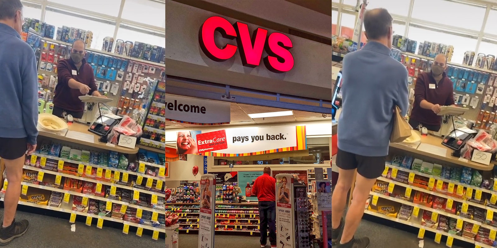 man at counter with cashier (l&r) CVS store (c)
