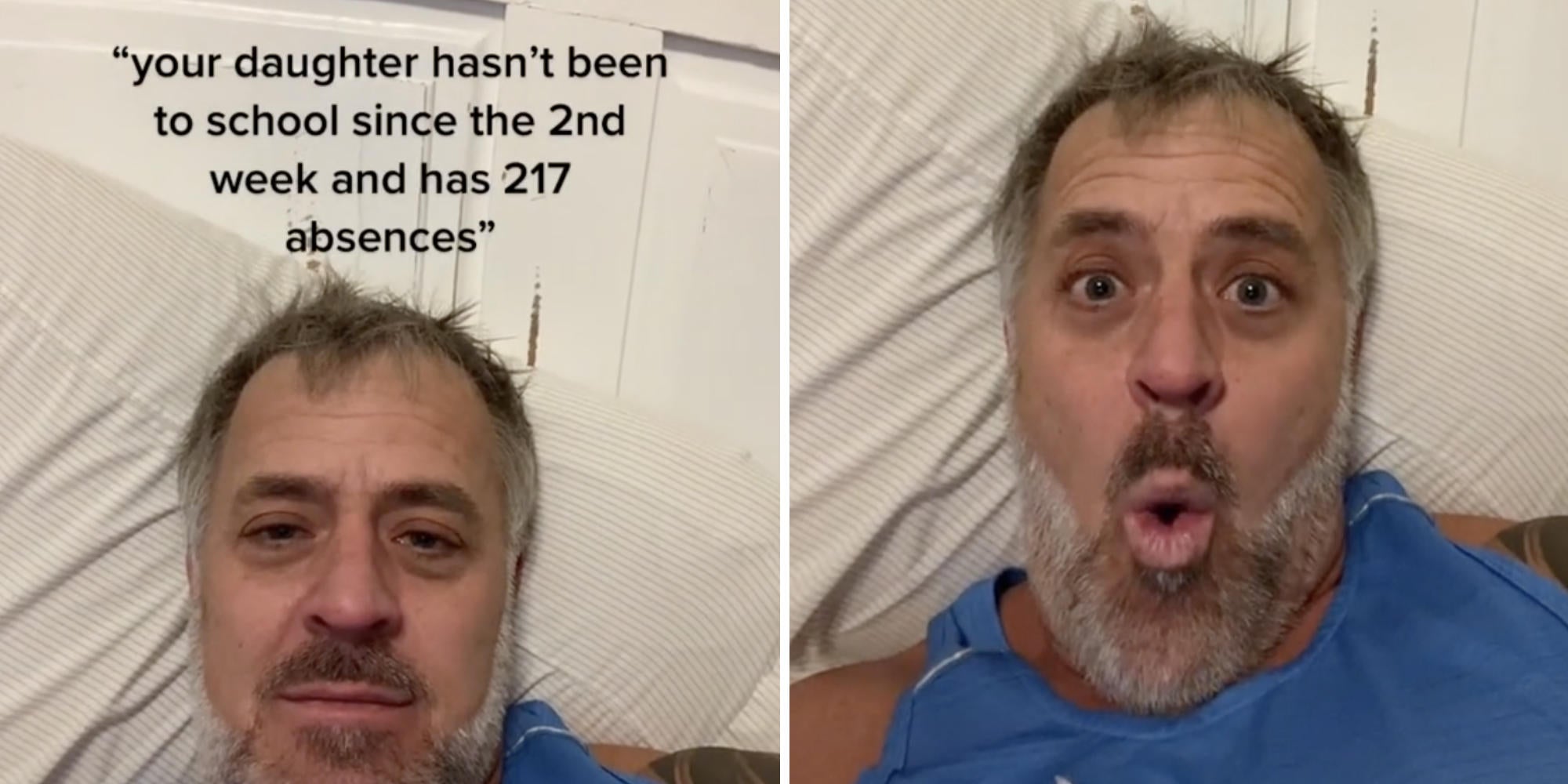 a father smiling (l) a father making a funny surprised expression (r)