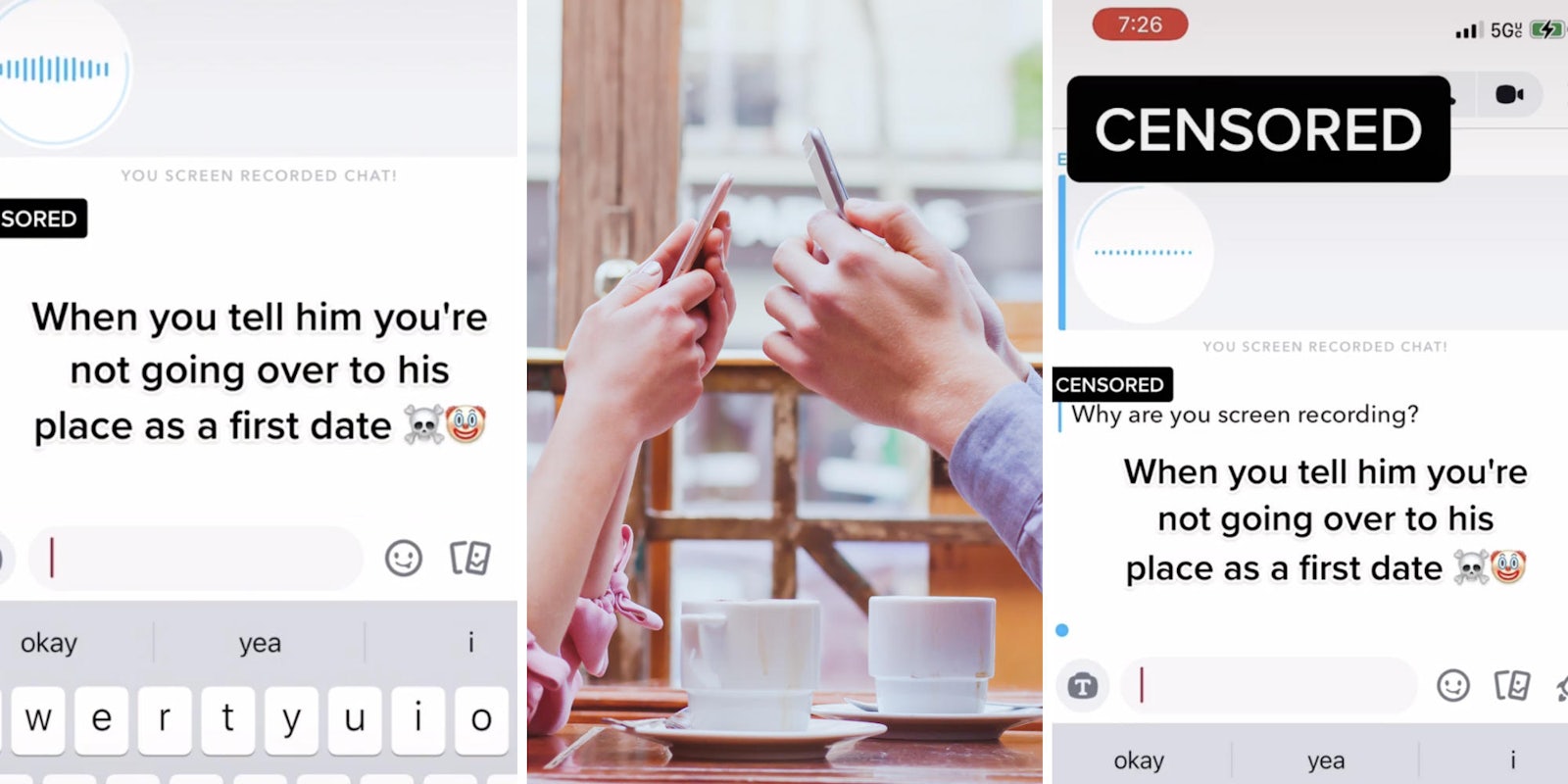 dating app screenshot (l) (r) man and woman at a cafe with phones (m)
