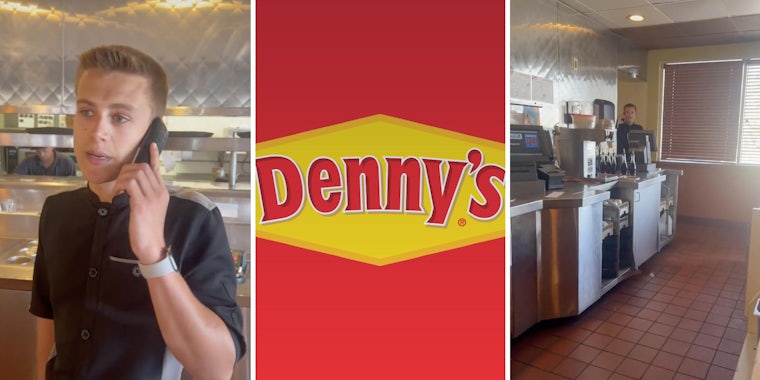 denny's worker on phone (l) denny's logo (m) denny's worker in kitchen (r)