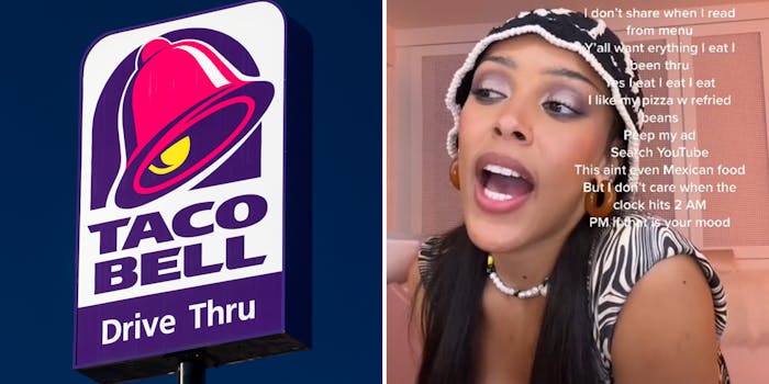 Taco bell shutterstock image (l) Doja Cat with captioned lyrics " I don't share when I read from menu Ya'll want erything I eat I been thru Yes I eat I eat I eat I like my pizza w refried beans Peep my ad Search YouTube This ain't even Mexican food But I don't care when the clock hits 2 AM PM if that is your mood"(r)