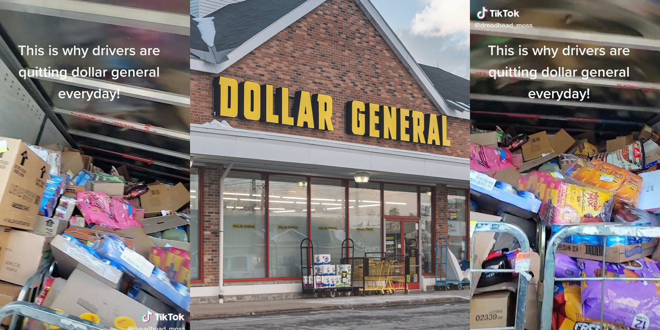 truck filled with items just thrown in the back (l&r) dollar general storefront (c)