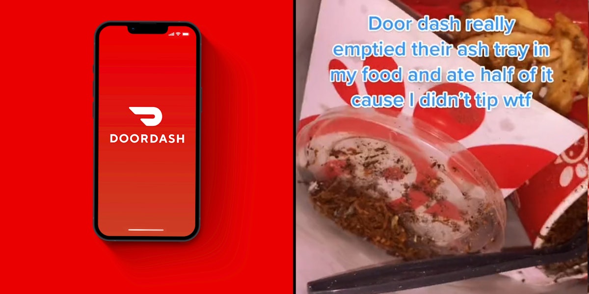 doordash logo on phone on red background (l) Chick-Fil-A food seen with ashes all over them in bag caption ' Door dash really emptied their ash tray in my food and ate half of it cause I didn't tip wtf' (r)