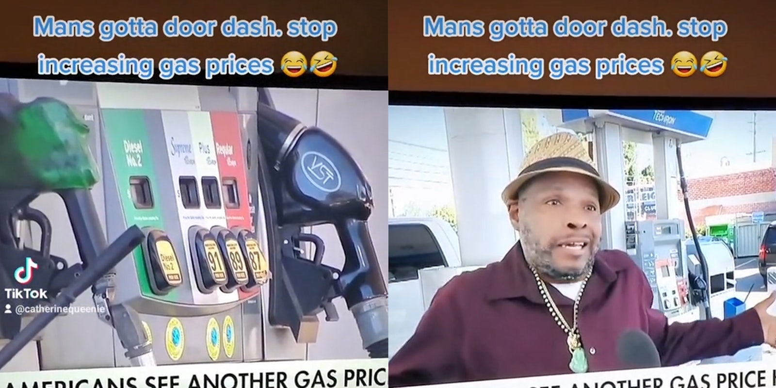 gas pump (l) man shrugging shoulders (r) both with caption 'Mans gotta door dash. stop increasing gas prices'